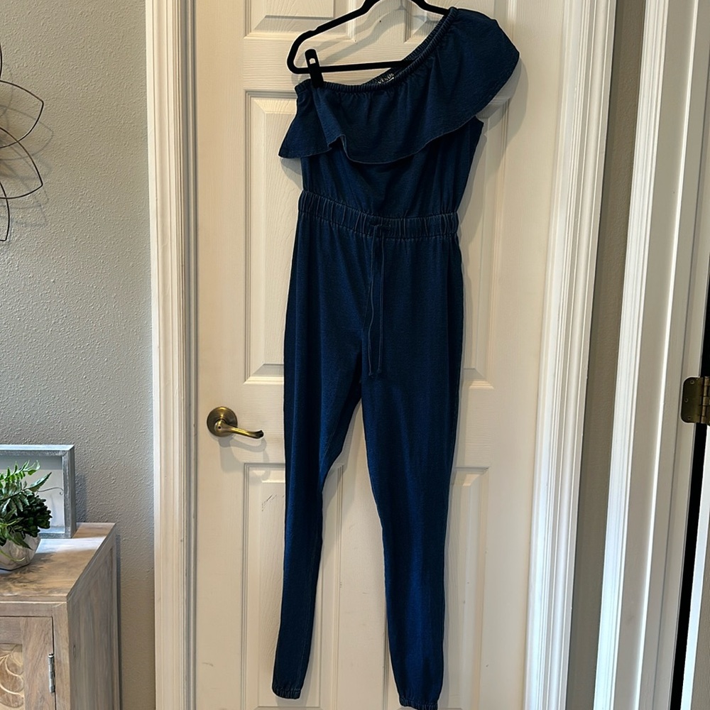 Venus one shoulder ruffled denim look jumpsuit